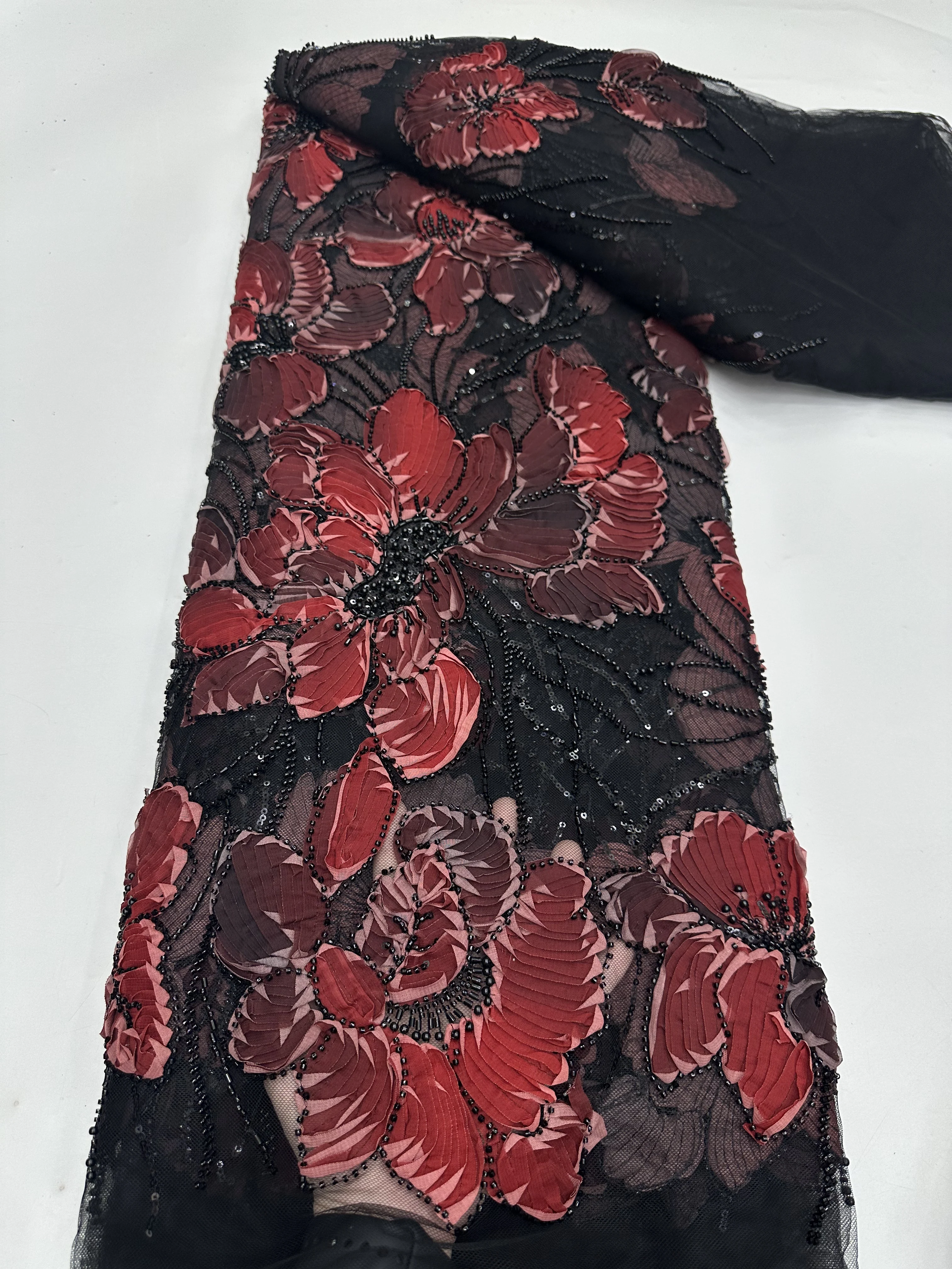 

Новое поступление 2025, африканские нигерийские блестки, бусины, тюль, кружево, Лидер продаж, вышивка, 3D цветы, кружевная ткань для свадебного платья