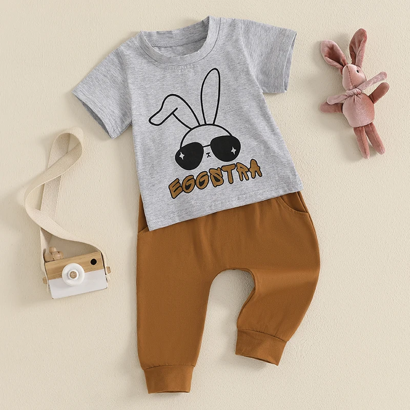 Baby Boys Easter Outfit Summer Bunny Print Short Sleeve T-Shirt and Elastic Pants Cute Clothes Set