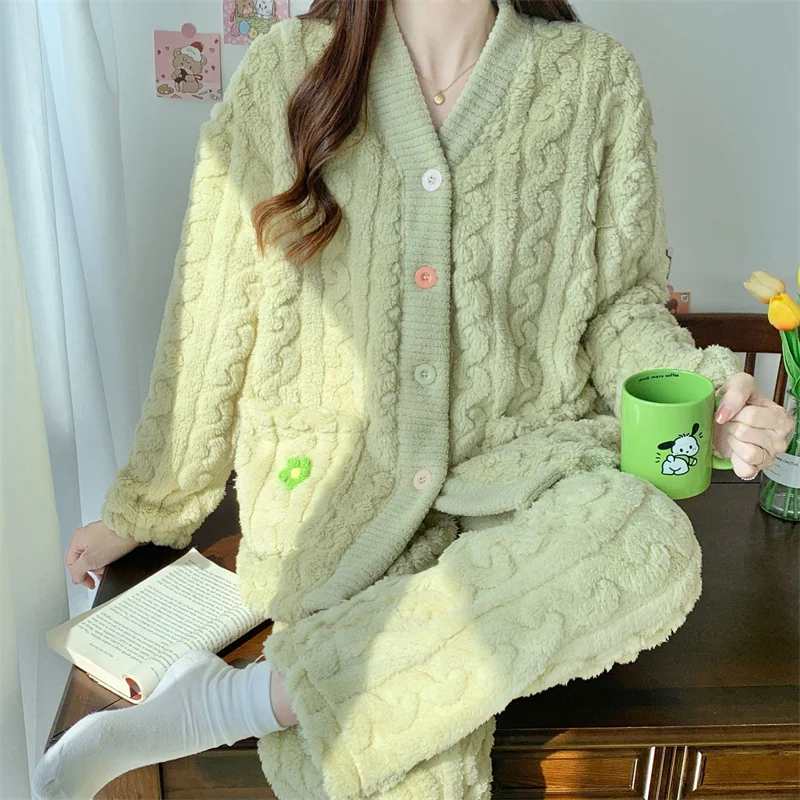 Autumn Winter Women's Thickened Warm Coral Velvet Pajamas Set V-neck Cardigan Sleepwear Girls' Lovely Sweet Jacquard Home Suit