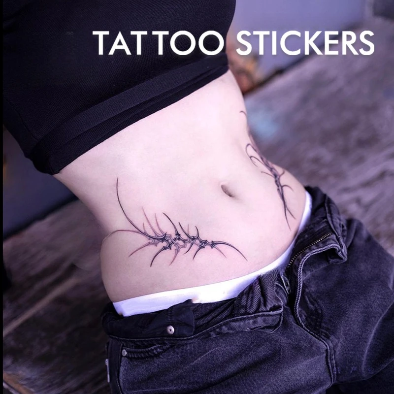 Aesthetic Beauty Fake Tattoo for Woman Abdomen Foliage Pattern Sexy Tattoo Sticker Hotwife Purple Black Art Temporary Tattoo