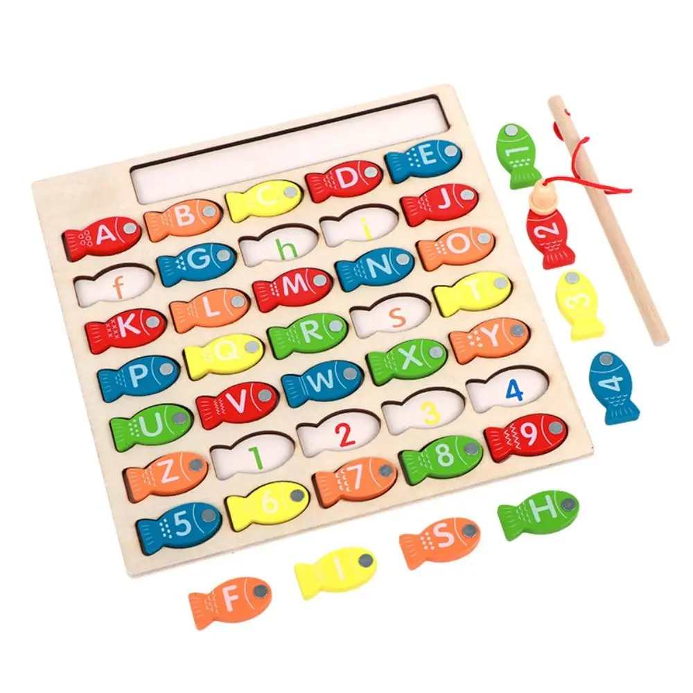 Wooden Fishing Early Educational Puzzle Board Letter Number Puzzle Colorful Color Pairing Fishing Game Birthday Gift