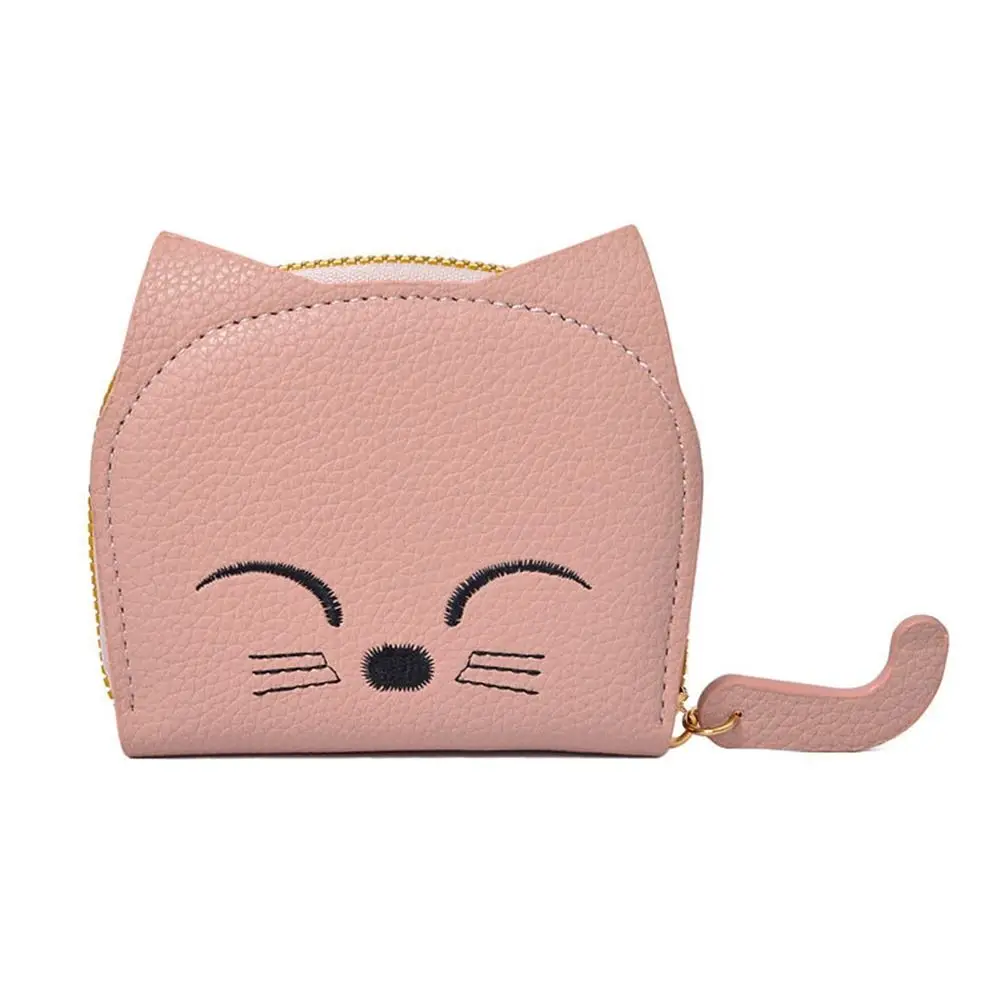 Tas kartu kulit PU elegan kucing lucu ritsleting tempat kartu hewan dompet koin saku kartu wanita