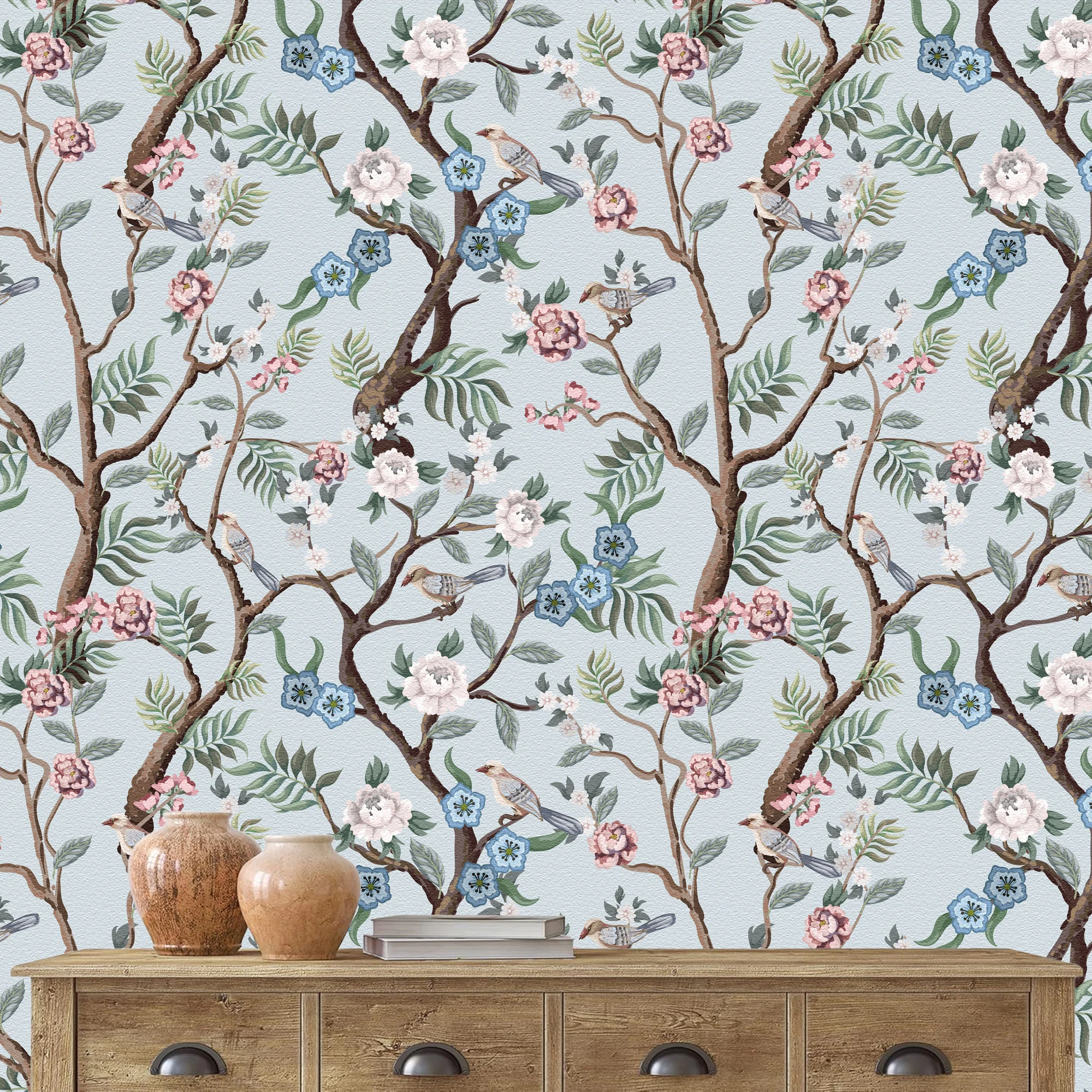 Flowers Branches Birds Nature Scenery Wallpaper Cabinets Wardrobe Bedroom Living Room Home Decor Mural Waterproof Peel and Stick