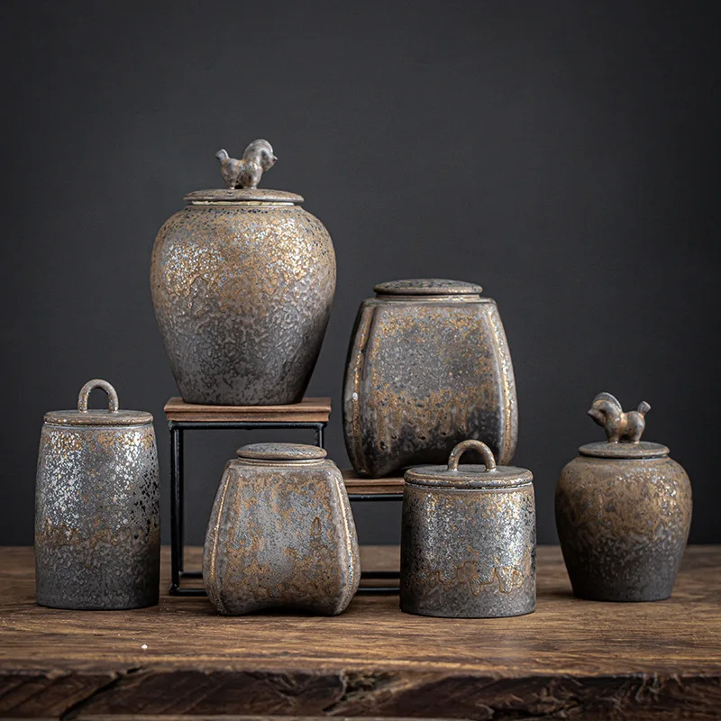 جرة تخزين السيراميك المينا ختم الشاي الفنون الحرف الجدول الحلي حاوية الديكور
