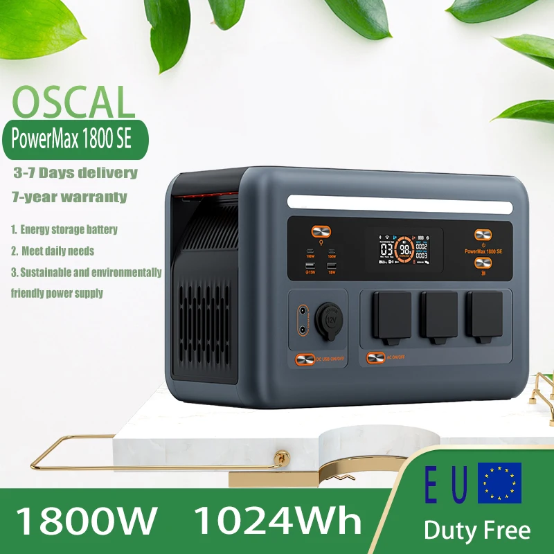 Batterie de stockage d'énergie OSCAL 1800W, prise standard européenne, 1024Wh, double ports USB-C PD 100W, double la puissance. Batterie externe mobile pour camping en plein air et maison, double vitesse