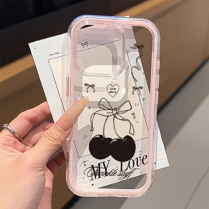 لطيف الكرتون الكرز قضية الهاتف آيفون 16 برو حالة آيفون 14 15 13 11 12 17 برو ماكس الهواء للصدمات 2 في 1 لينة واضحة غطاء