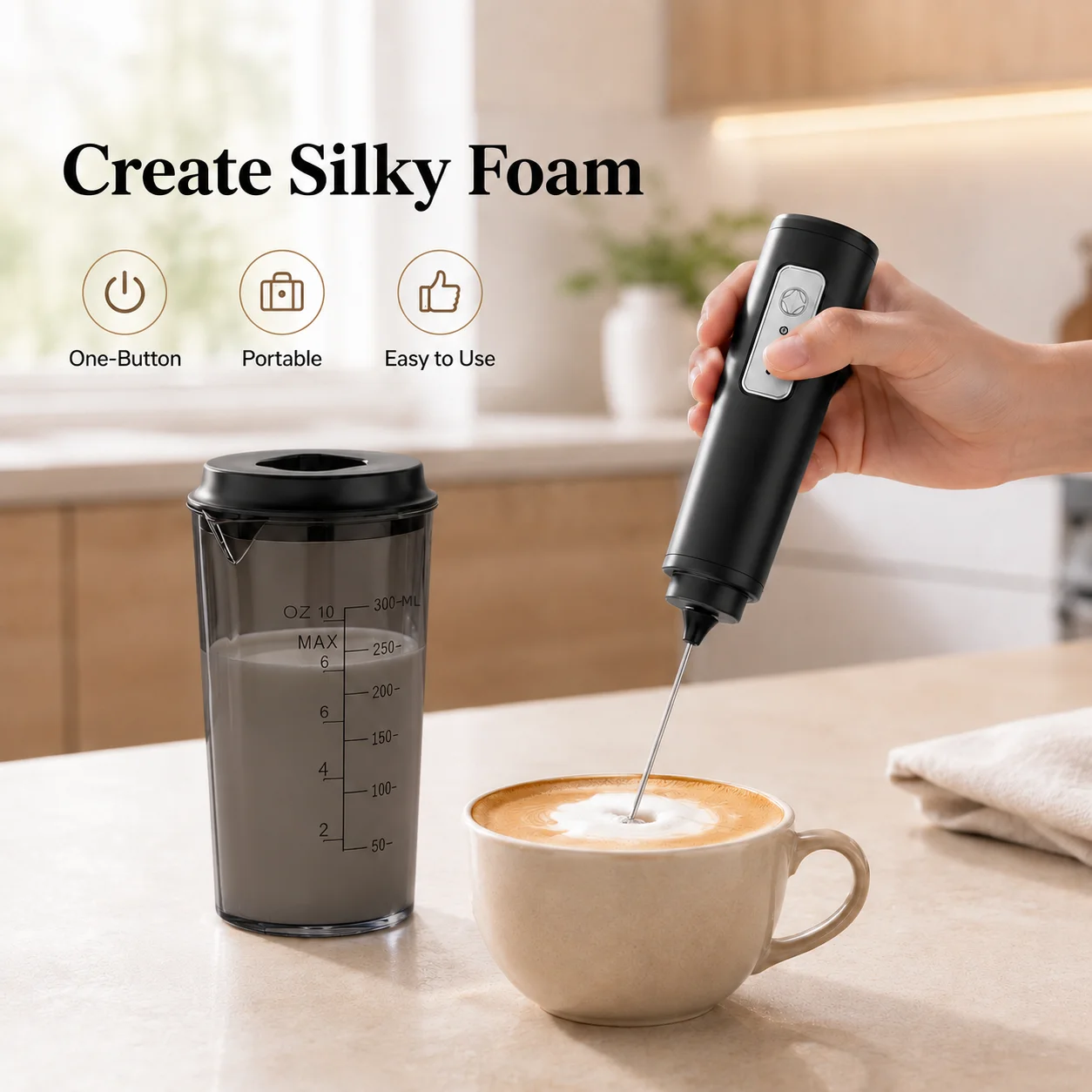 Rechargeable Milk Frother 4-in-1, 3 Speed Handheld Electric Foam Maker with USB Charging, 300mAh Battery, 350ml Measuring Cup with Lid, Portable Coffee Mixer for Latte, Cappuccino, Coffee Drinks and Baking
