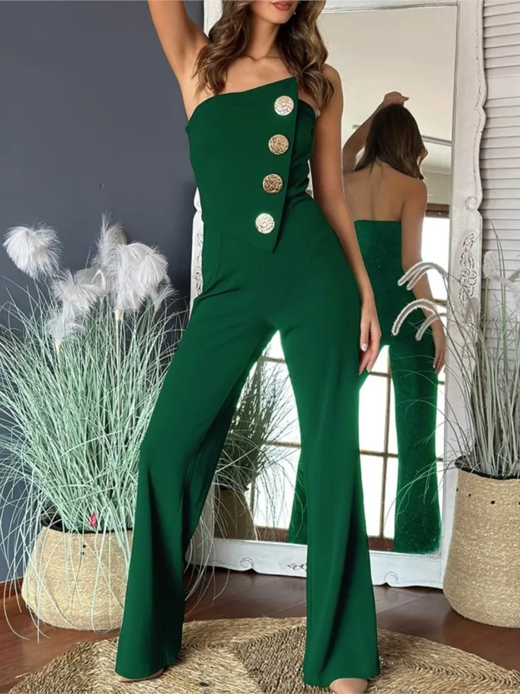 2025 New Fashion Women's Jumpsuit Summer Sexy Backless Slim Tube Top Button Bootcut Long Pants Jumpsuits For Women Streetwear