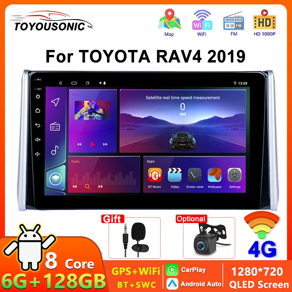 

TOYOUSONIC For Toyota RAV4 2019 6+128GB QLED Car Radio Multimedia Player Carplay Android Auto GPS BT DSP FM 2 Din 10 inch Stereo