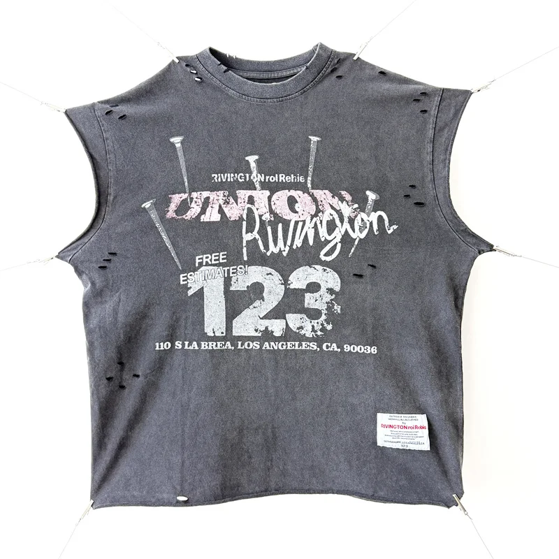 

Винтажная потертая черная футболка без рукавов High Street RRR123, повседневная футболка премиум-качества для мужчин и женщин с хлопковым принтом