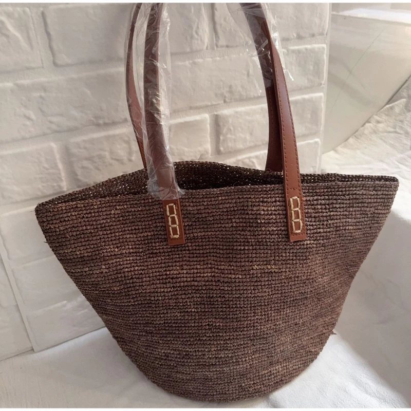 Raffia-Stroh-Häkel-Schultertasche mit Rindslederriemen, Damen-Tragetasche, Sommer-Strand-Urlaubstasche mit großer Kapazität, einfarbige Handtasche – Detail 4