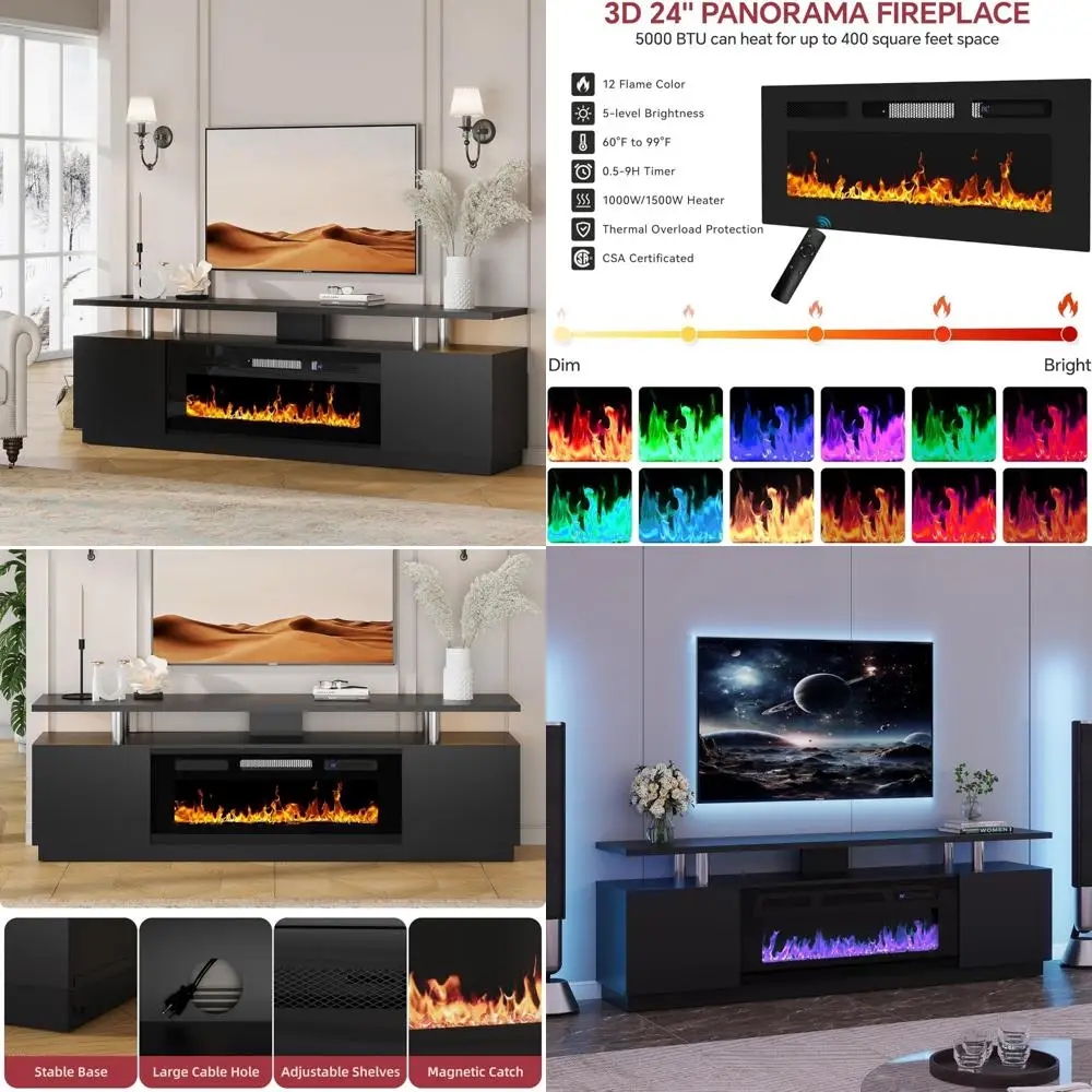 モダンな70インチテレビスタンド、36インチ電気暖炉付き、80インチエンターテイメントセンター、12色の炎、メディアコンソール