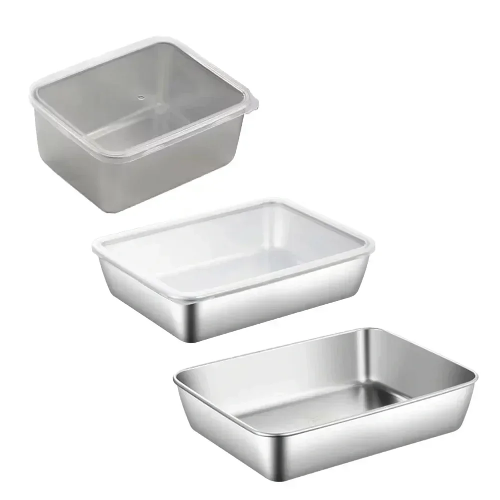 Stainless Steel Square Plate With Lid Rectangular Food Storage Pan Commercial Dish Tray Large Freshing Lunch Box Container