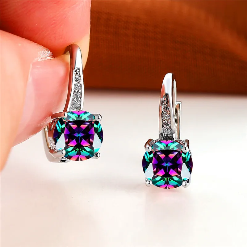 Luxus Weibliche Regenbogen Kristall Stein Ohrringe Klassische Silber Farbe Clip Ohrringe Einfache Braut Runde Hochzeit Ohrringe Für Frauen