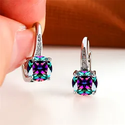 Luxury Female Rainbow Crystal Stone Earrings Classic Silver Color Clip Earrings Simple Bridal Round Wedding Earrings For Women