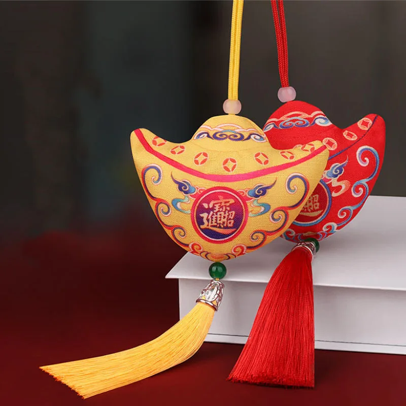 10pcs/Lot 8*9cm Red Yellow Hand-stitched Chinese Yuanbao Money Shaped Pendant Vintage Tassel Lucky Embroidery Sachet Bag