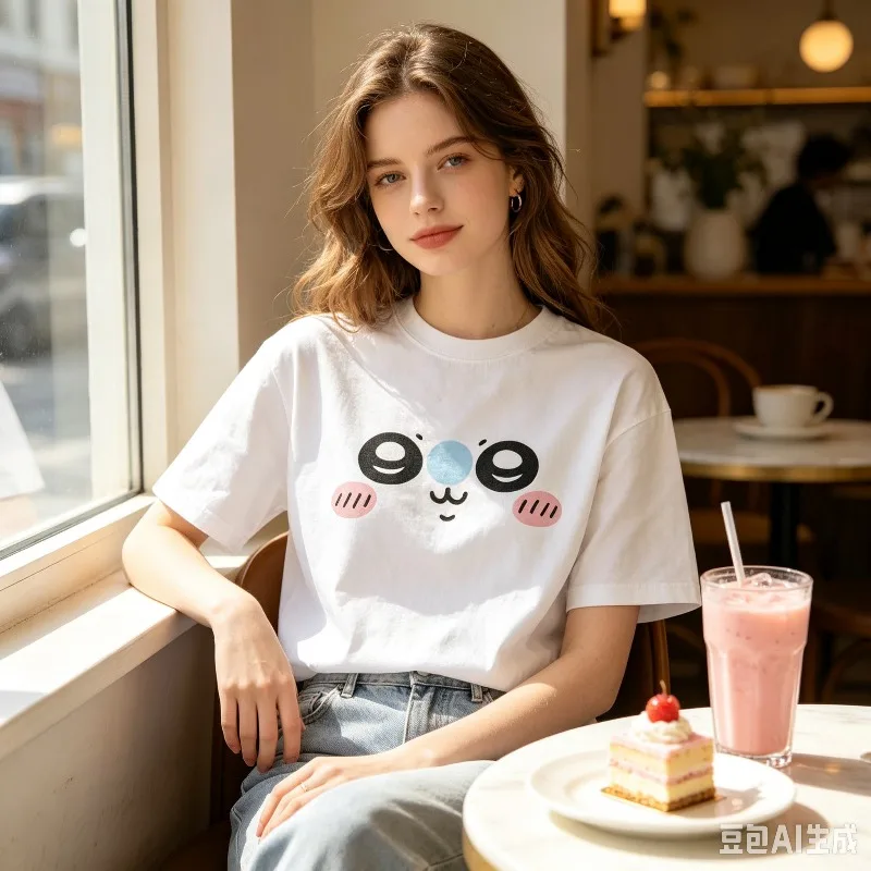 Cute Round Face Print T-Shirt  Cotton Soft Expression Graphic Tee Vintage Style Y2K Aesthetic Casual Gift For Her Tops for Women