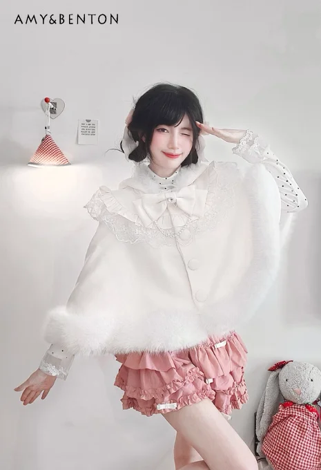 

2025 Autumn Winter New Hot Sale Women's White Versatile Fleece Cute Bow Lace Loose Casual Hooded Cat Ear Cloak