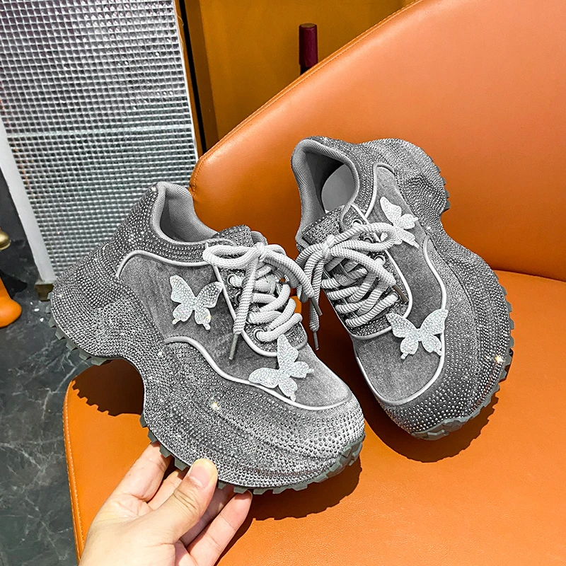Bling Rhinestone Thick Sole Velvet Sneakers Woman Retro Velour Daddy Shoes Ladies Luxury Brand Design Butterfly Crystal Zapatos