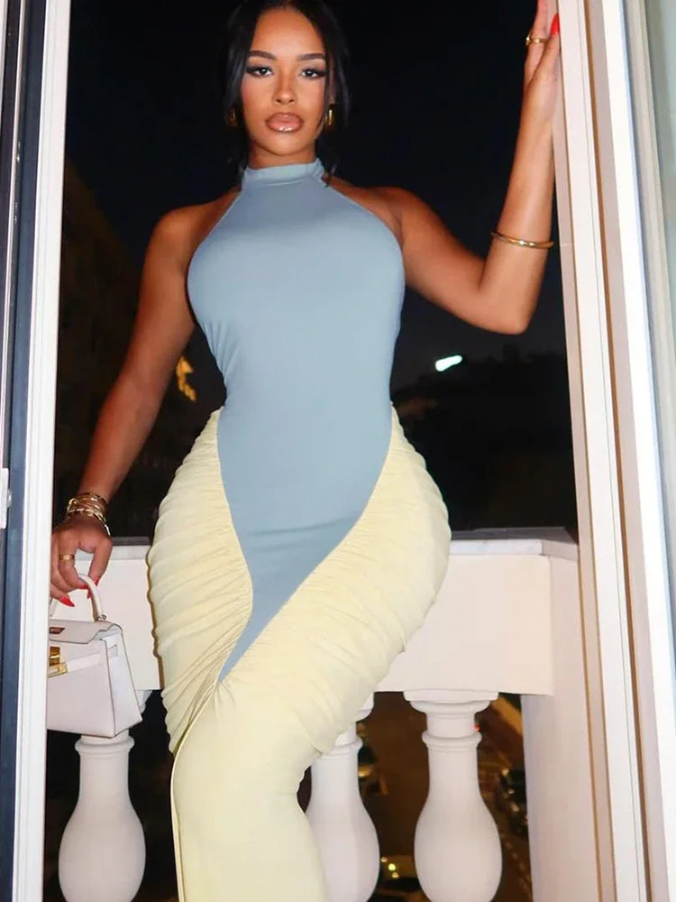 Sisterlinda clássico elegante maxi vestido com painéis shirring sexy halter sem costas bainha longo robe mujer elegante festival vestidos