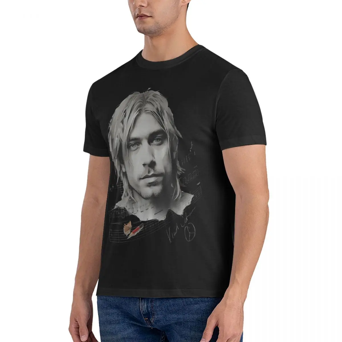 Kobain In Sketch Men T Shirt Kurt-Cobain Unique Tee Shirt Short Sleeve Round Neck T-Shirt 100% Cotton Gift Idea Clothing fugees