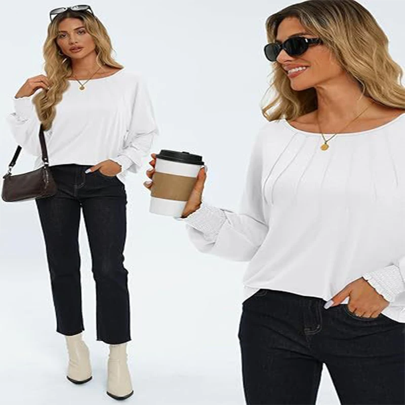 

Elegant Ladies Round Neck Long Sleeve Ruffle Tops Blouse Fashion Clothing For Autumn Winter Life