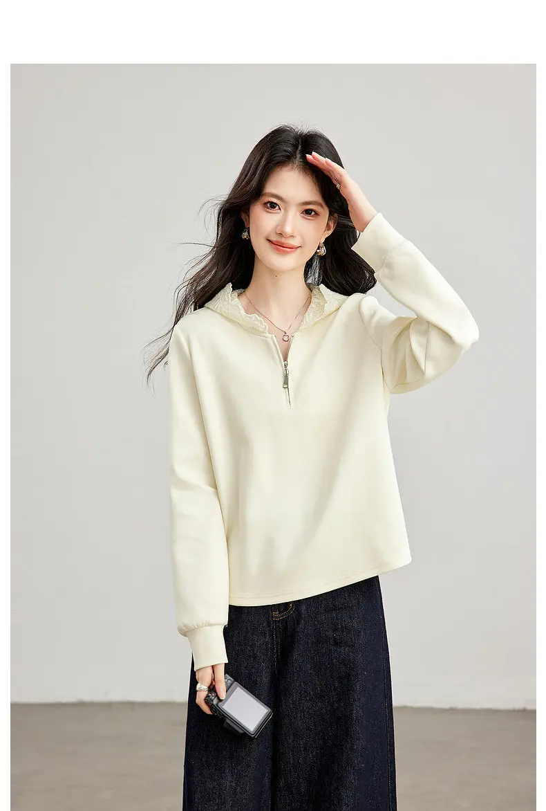 VIMLY Women's Hooded Sweatshirt 2026 Autumn Elegant Lace Trim Splicing Casual Pullover Fashion Long Sleeve Top Ladies A7628