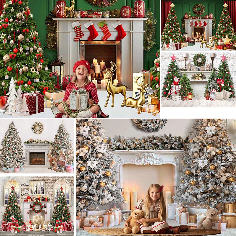 Christmas Fireplace Photography Background Xmas Tree Wreath Children Portrait Photo Backdrop Studio Photo Props Decoration