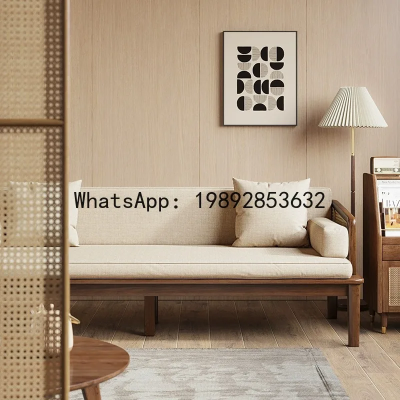 CZ New Chinese Style Rattan Woven Solid Wood Sofa Bed, Push-Pull Home Living Room Extendable Dual-Use Sofa