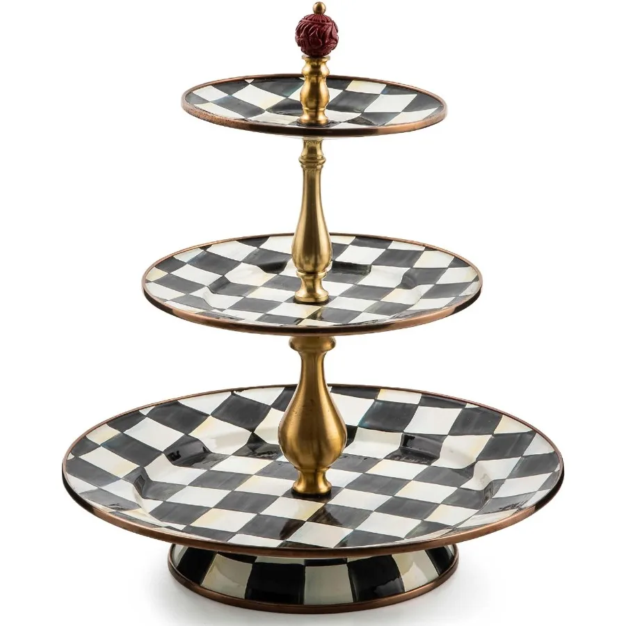 

Enamel ThreeTier Sweet Stand ThreeTiered ServingTray Stand Party Food Display BlackandWhite Courtly Check