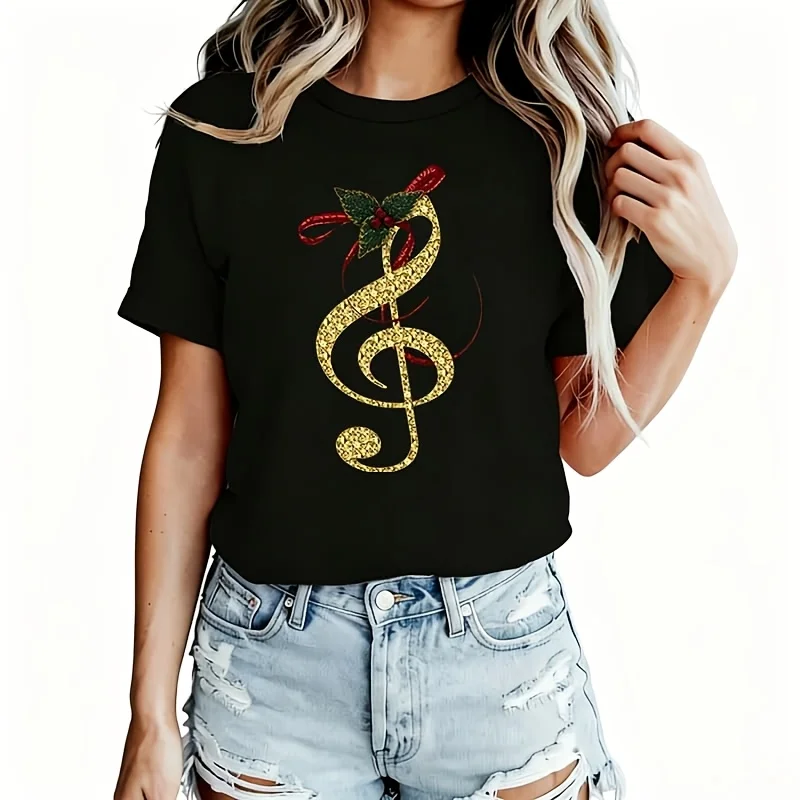 Christmas Musical Note & Holly Berry PrintWomen's T-Shirt 100% Cotton Funny Graphic Short Sleeve Tee Novelty Shirt Casual Crew Neck Top S-5XL