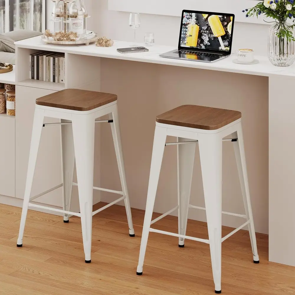 

Set of 2 Industrial Style Metal Bar Stools with Stackable Wooden Seats - White