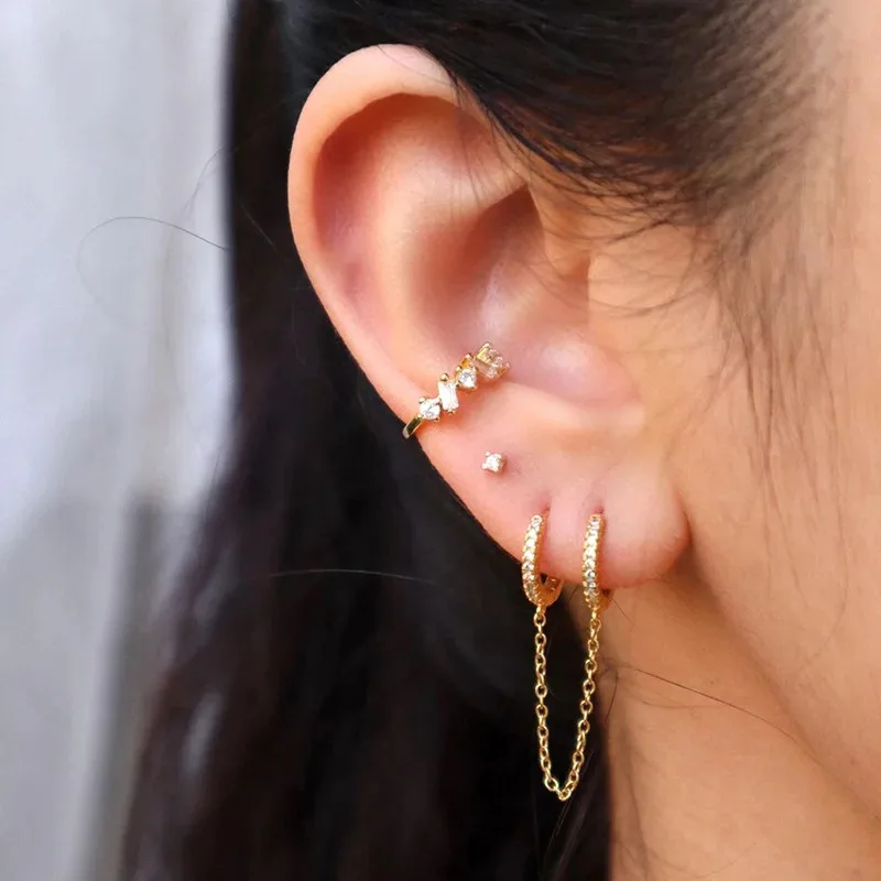 3PCS Gold Color Double Holes Chain Hoop Earrings Set for Women Stainless Steel Crystal Tassel Earrings Wedding Jewelry Gift 2024