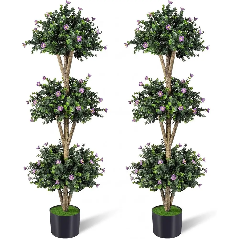 Set of 2 Artificial Triple Ball Boxwood Topiary Trees with 59 Blossoms, Cement-Filled Plastic Pots, UV-Resistant for Indoor or O