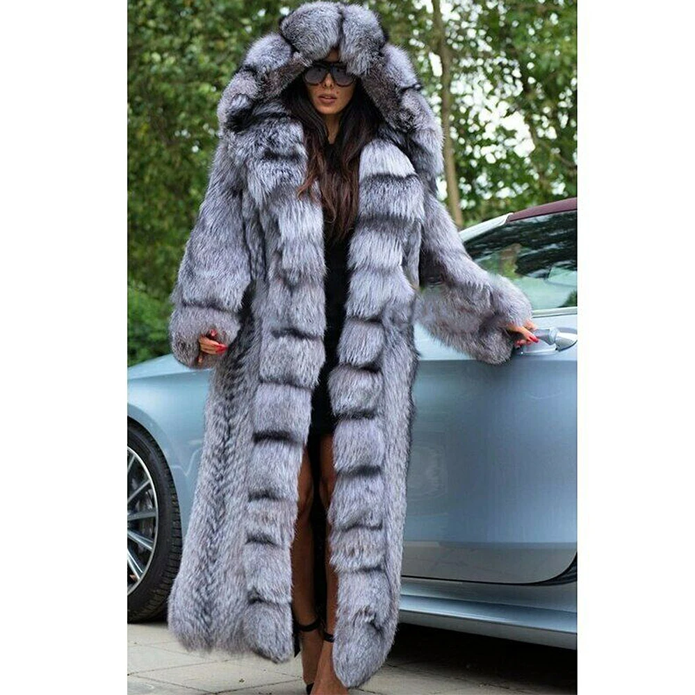 2022 winter amazing fur coats top thick warm longer silver fox fur coat with bigger hood stunning quality