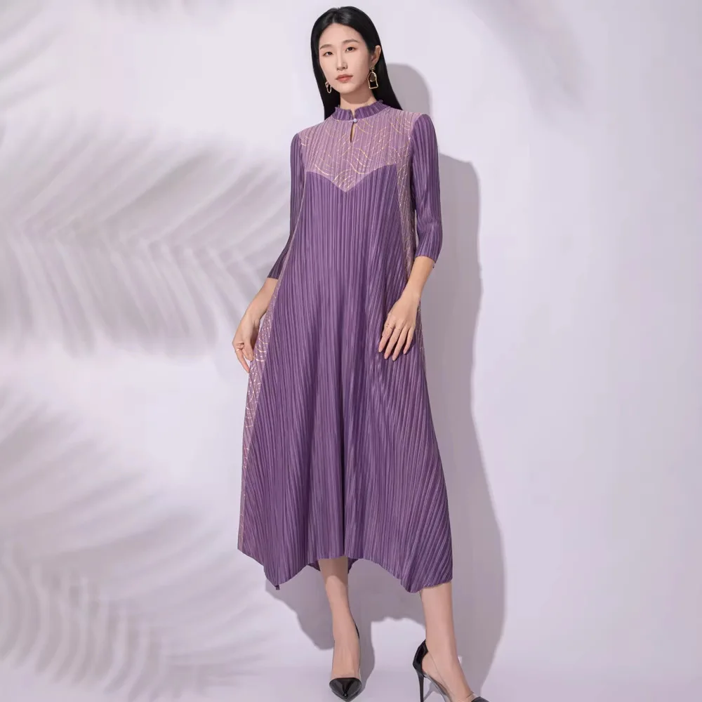 

Miyake Pleated Retro Swing Dress Women's Fashion Outerwear Women's Chinese Style Stand Collar Three-quarter Sleeve Long Dress