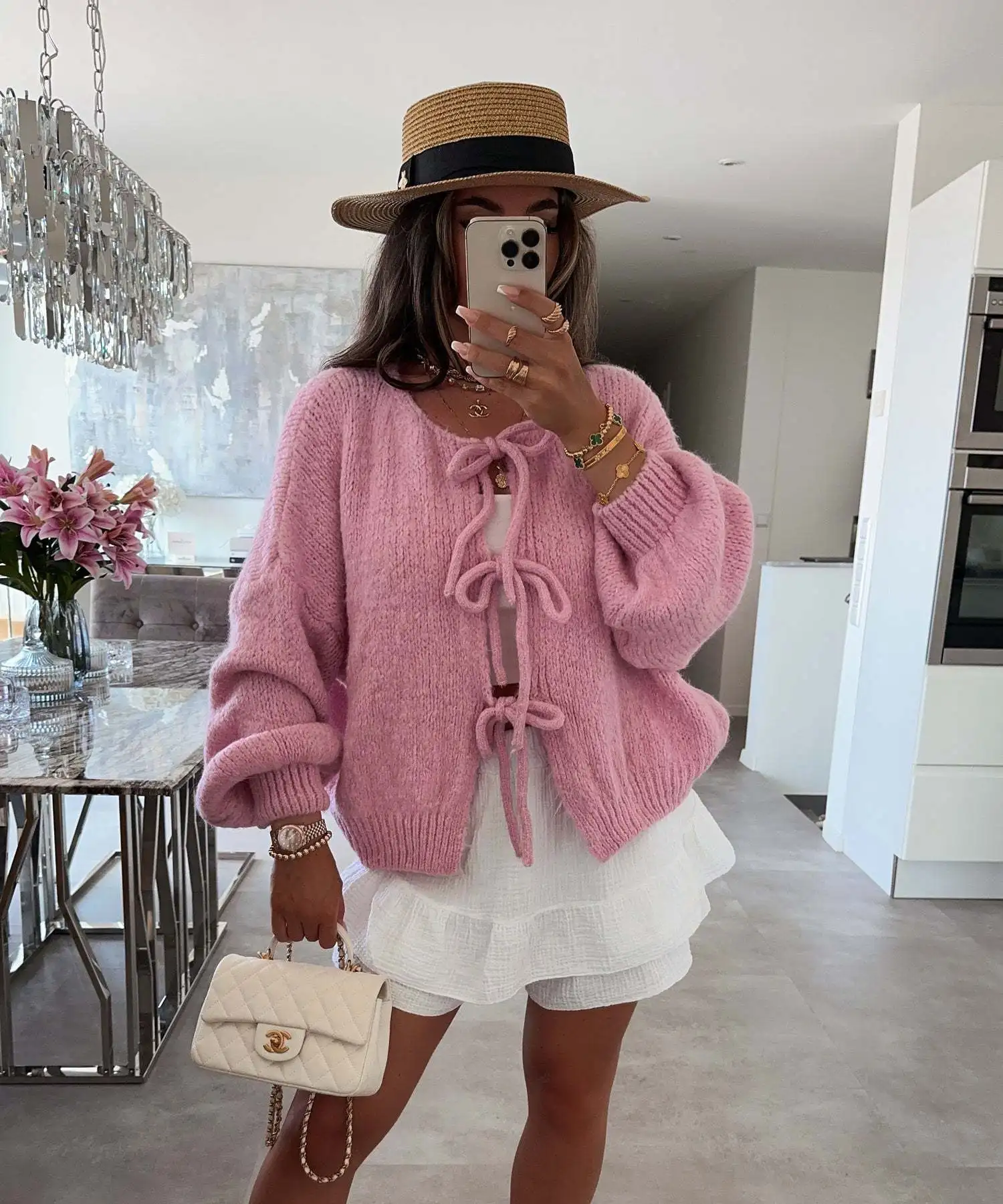 

Women's Fall Tie Front Sweater Solid Color Round Neck Long Sleeve Loose Knitwear Cardigan Female Casual Cozy Soft Coat Dailywear