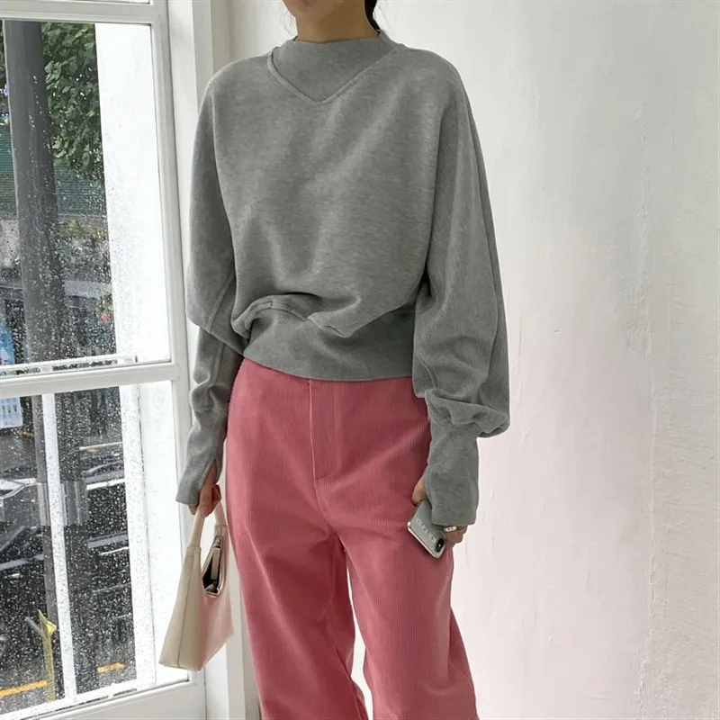 Women Sweatshirt Crew Neck Long Sleeve Cotton Pullover Oversized Cropped Hoodless Sweatshirt Batwing Sleeve Ruched Gray Casual