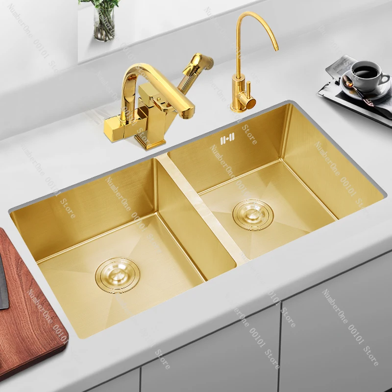 Golden nano sink basin under the table is as big as double grooves. 304 stainless steel thickened kitchen sink dish basin