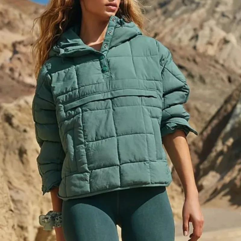 

Осень-зима, однотонная стеганая куртка для женщин, модные пуловеры с капюшоном и длинными рукавами с карманами, японские и корейские повседневные пальто