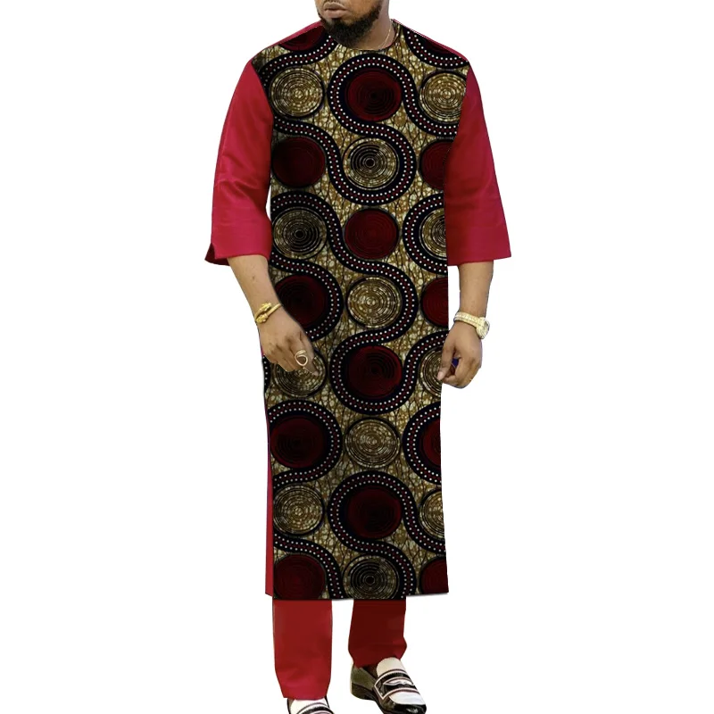 Tailor Made African Wax Men's Red set Print Long Shirt With Trouser Party Suit Festival Wear Guaranteed Outfits Original Design