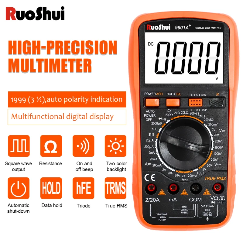 

RuoShui Digital Multimeter True RMS 20mF High Precision AC/DC Voltage 20A Triode Temperature Capacitance Transistor Wires Tester