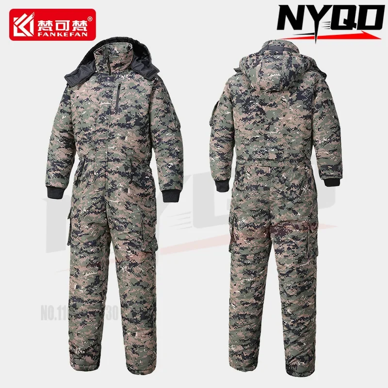 Ski Down Parka Jumpsuit Men Women Waterproof Jumpsuit One-Piece Camouflage Jacket, Warm Hooded Overalls Outdoor Sports, Winter