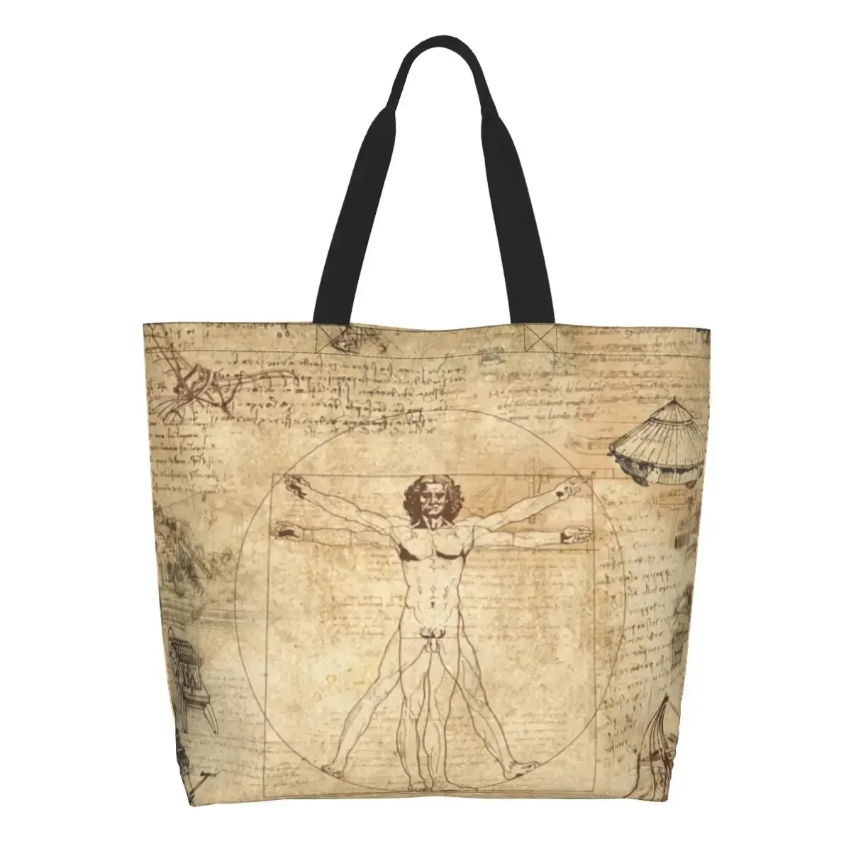 Custom Vitruvian Man Canvas Shopping Bags Women Recycling Large Capacity Grocery Leonardo Da Vinci Tote Shopper Bags