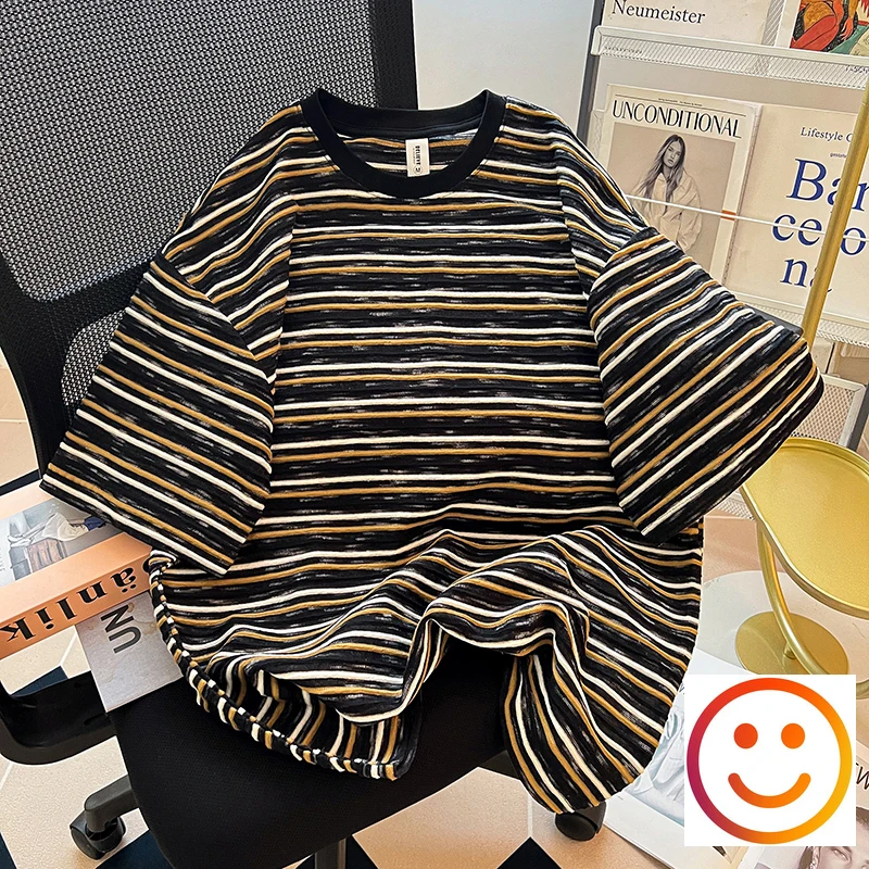 

Y2k Tide Men's Summer New Jacquard Striped Tops Men's and Women's Oversize Soft Microballistic Short-sleeved T-shirt Size M-4XL