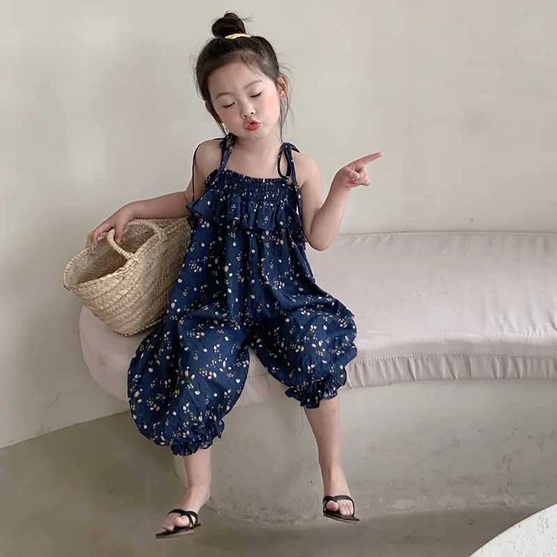 Girls Summer Casual Floral Cotton Overall Pant Holiday Style Baby Kids Children Jumpsuit Trousers 3-8Years Children Bodysuit