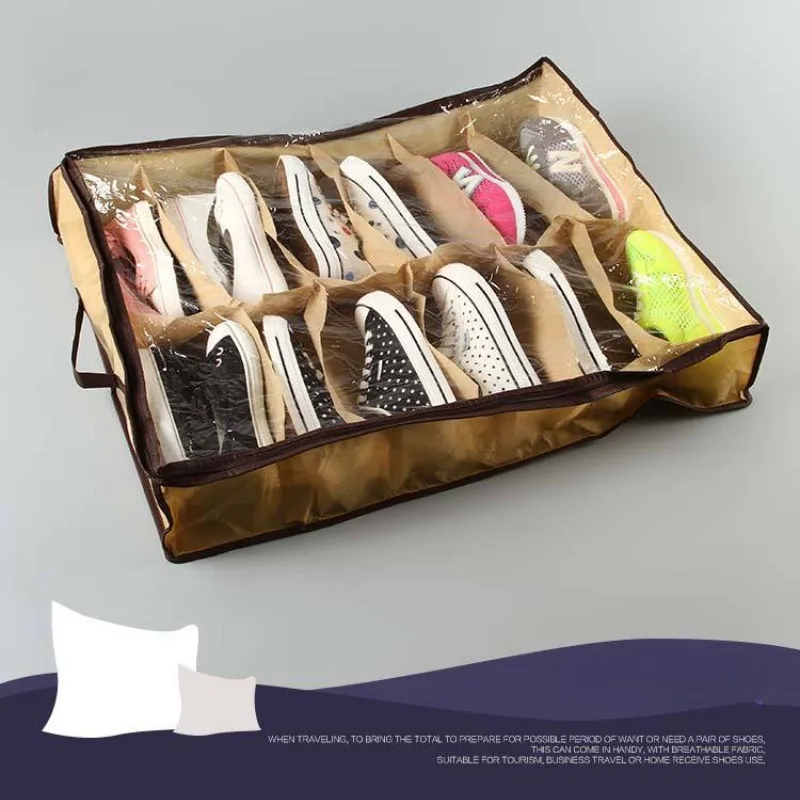 Under Bed Shoe Organizer with 12 Transparent Compartments - Dustproof & Moisture-Proof Storage Solution for Home Organization