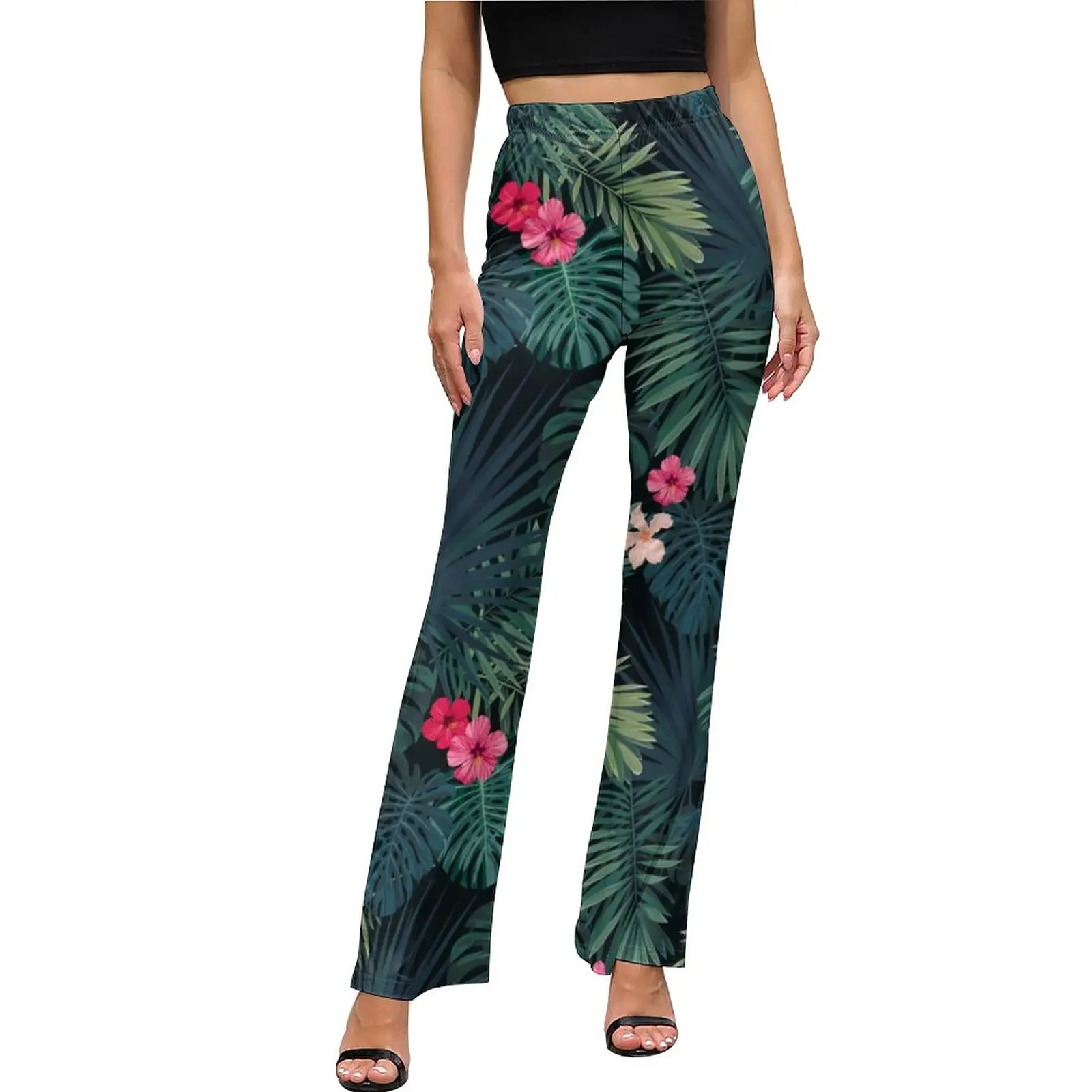 Tropical Floral Print Pants Elastic Waist Hibiscus Blossom Street Fashion Flared Pants Summer Modern Print Oversize Trousers