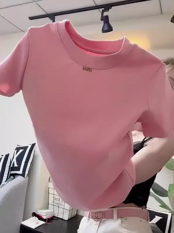 

Розовая футболка с круглым вырезом и коротким рукавом, летняя, корейская версия, для полных женщин, с эффектом похудения