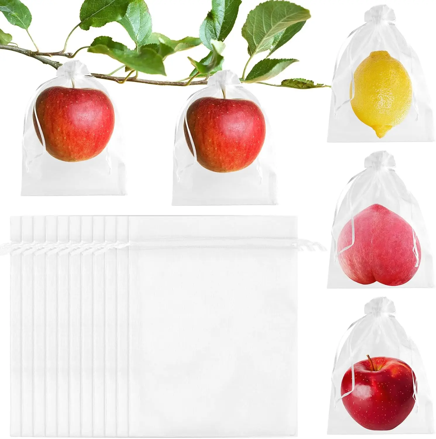 

60Pcs Fruit Protection Bags 8"x12" Reusable Netting Bags with Drawstring for Garden Trees